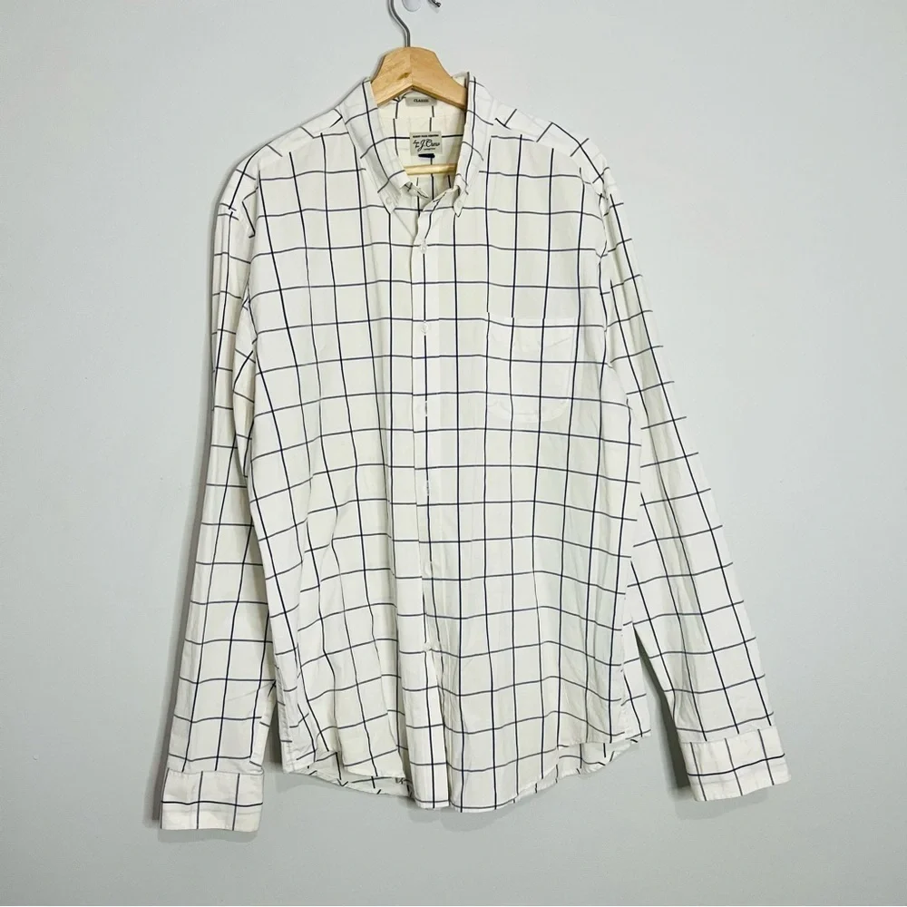 J. Crew White Window Pane Classic Cotton Button Up XL